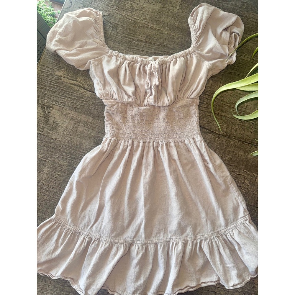 Blanco by Nature Beige 100% Cotton Smocked Puff Sleeve Cottage Core Mini Dress M